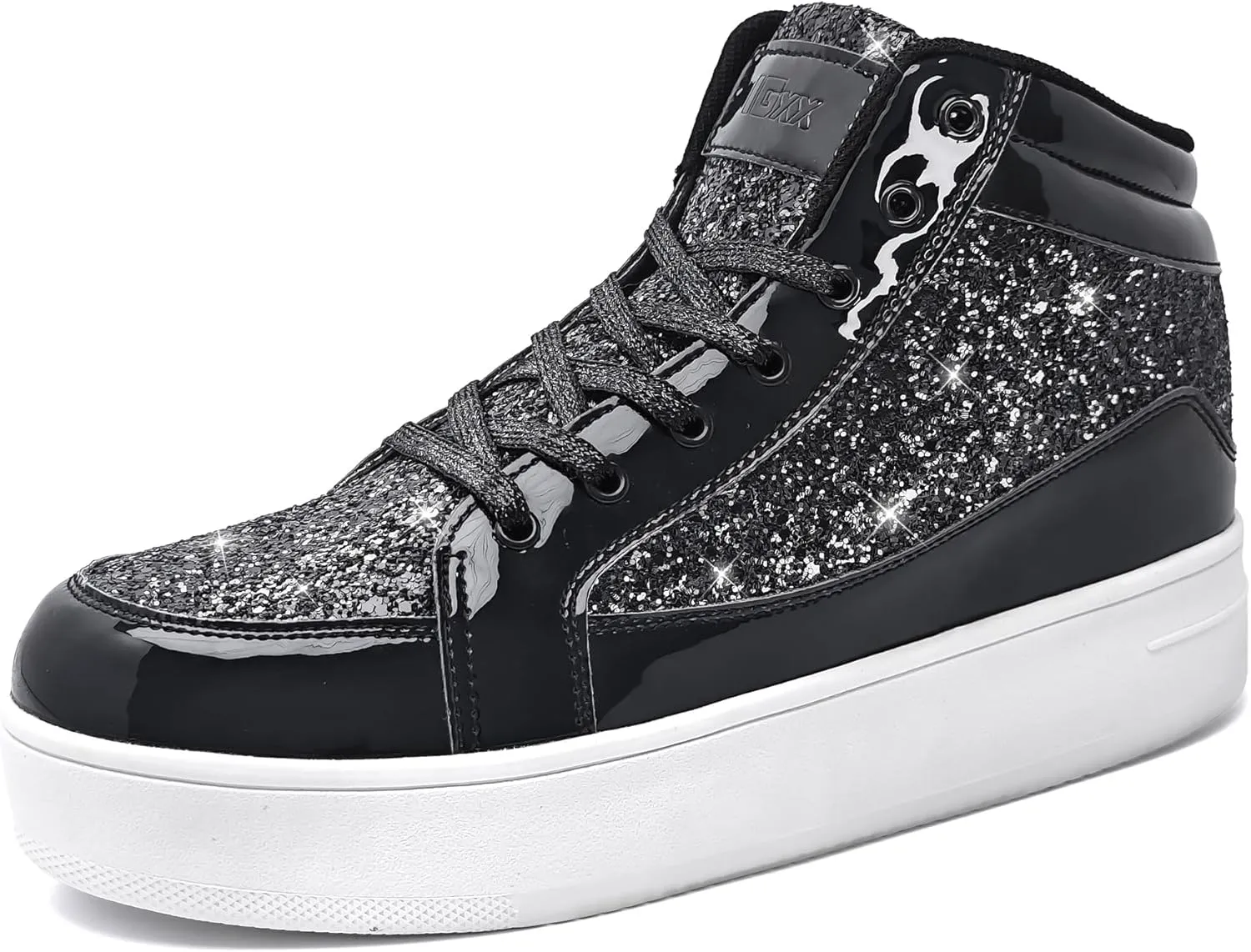 IGxx Womens Platform Glitter Shoes Black High Top Sparkly Sneakers Shiny Fashion Bling Dressy Sequin Metallic Sneakers Disco Wedding Shoes