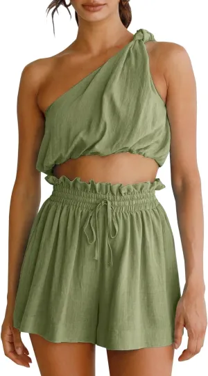 Imily Bela Womens 2 Piece Outfits Linen Matching Sets Two Piece Crop Tops and Paper Bag Waist Shorts Sets 2025 Summer Outfits