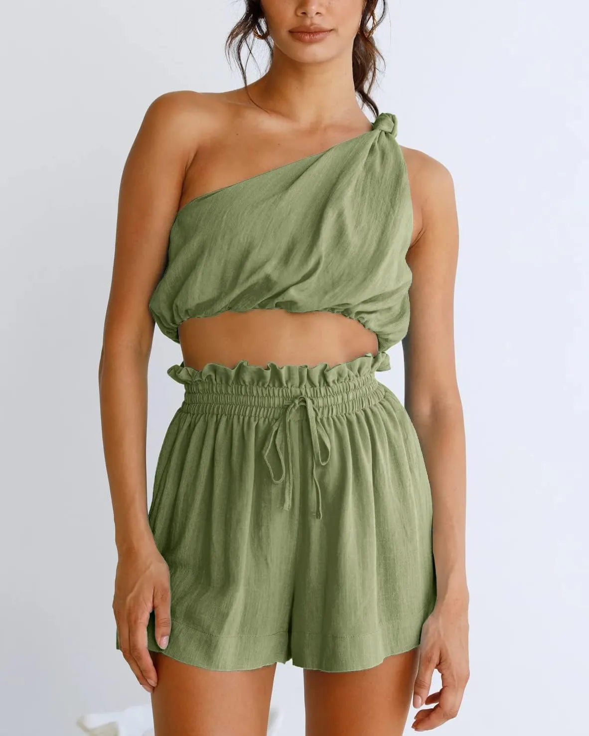 Imily Bela Womens 2 Piece Outfits Linen Matching Sets Two Piece Crop Tops and Paper Bag Waist Shorts Sets 2025 Summer Outfits