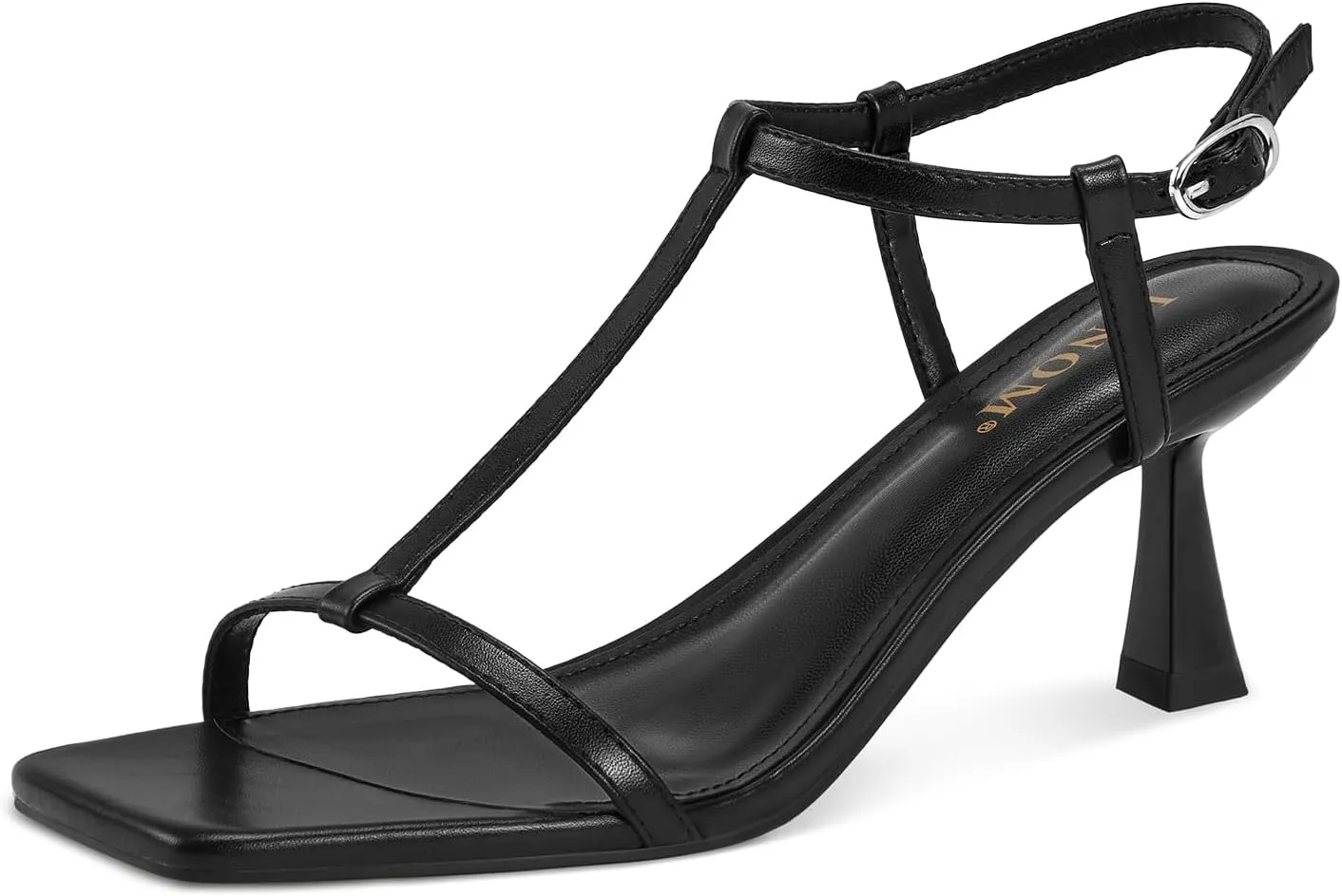 ISNOM Strappy Heels for Women T-strap Heeled Sandals Open Square Toe Kitten Heels Ankle Strap Sandals for Date Party Prom