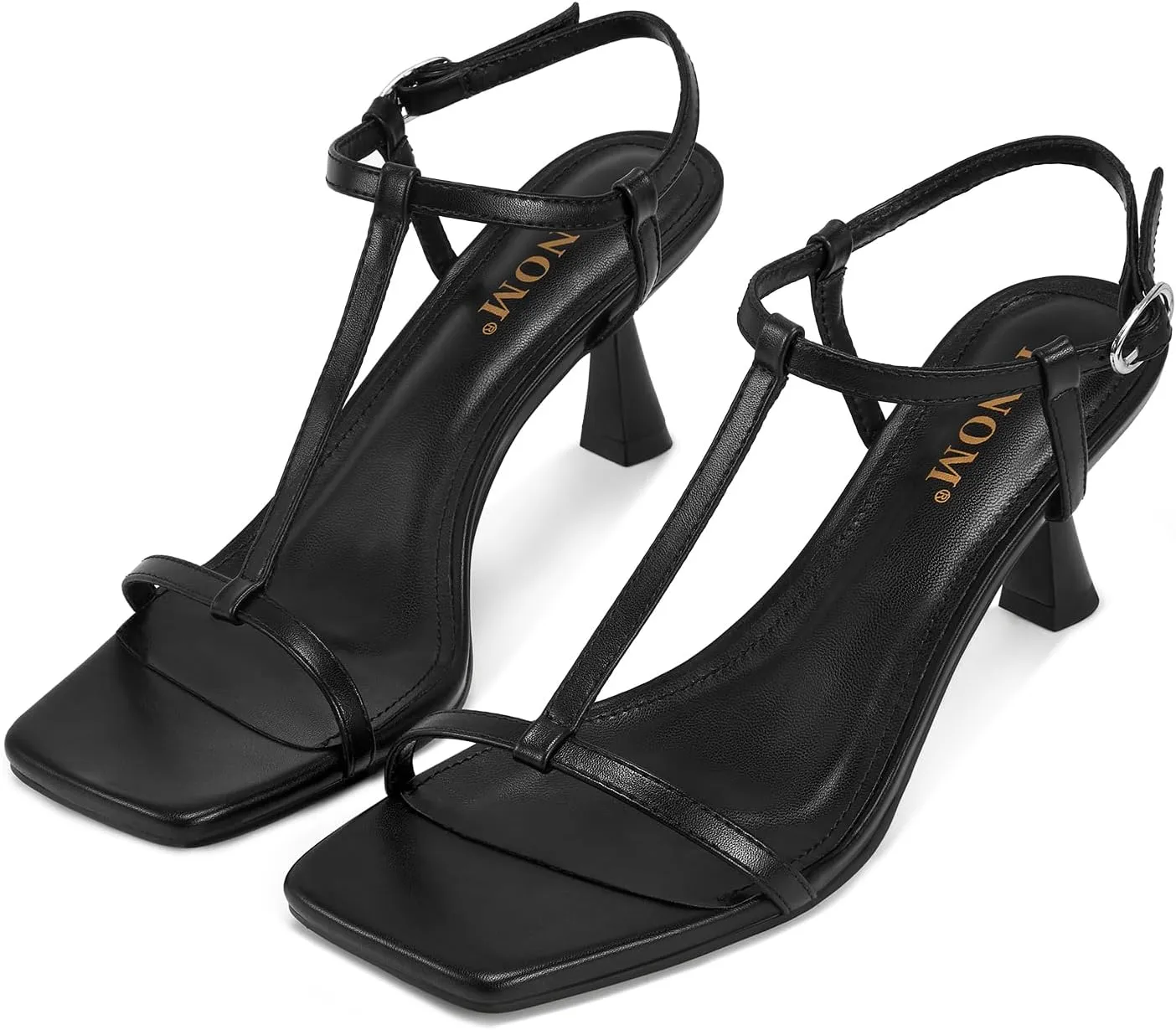 ISNOM Strappy Heels for Women T-strap Heeled Sandals Open Square Toe Kitten Heels Ankle Strap Sandals for Date Party Prom