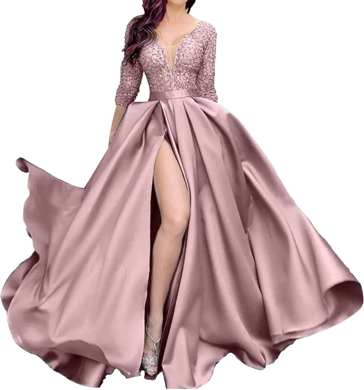 JEKE-DG Women's High Slit Slim Fit Cocktail Party Dress Deep V Neck Elegant Wedding Dress Flowy Solid Comfort Dresses
