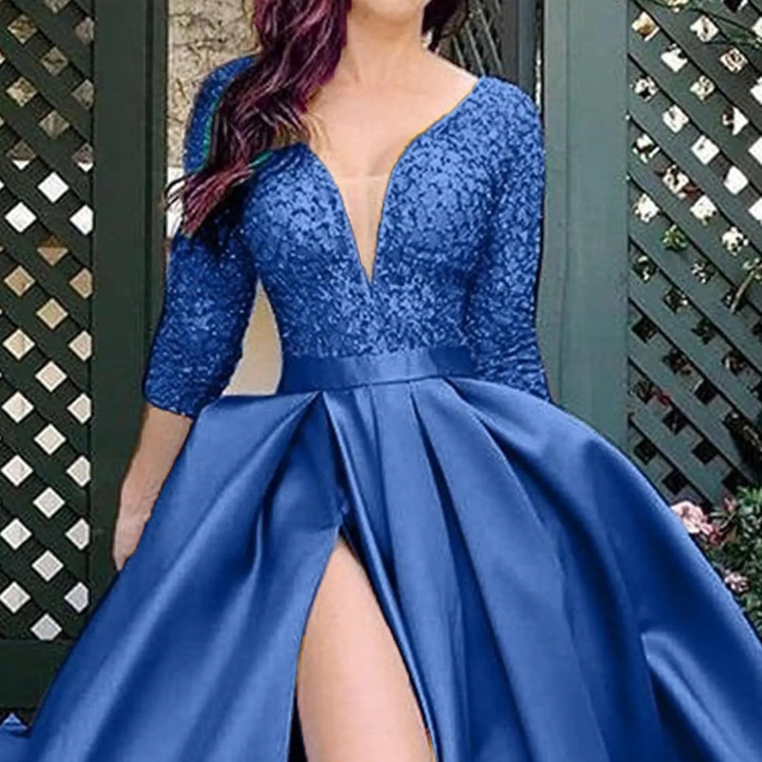 JEKE-DG Women's High Slit Slim Fit Cocktail Party Dress Deep V Neck Elegant Wedding Dress Flowy Solid Comfort Dresses