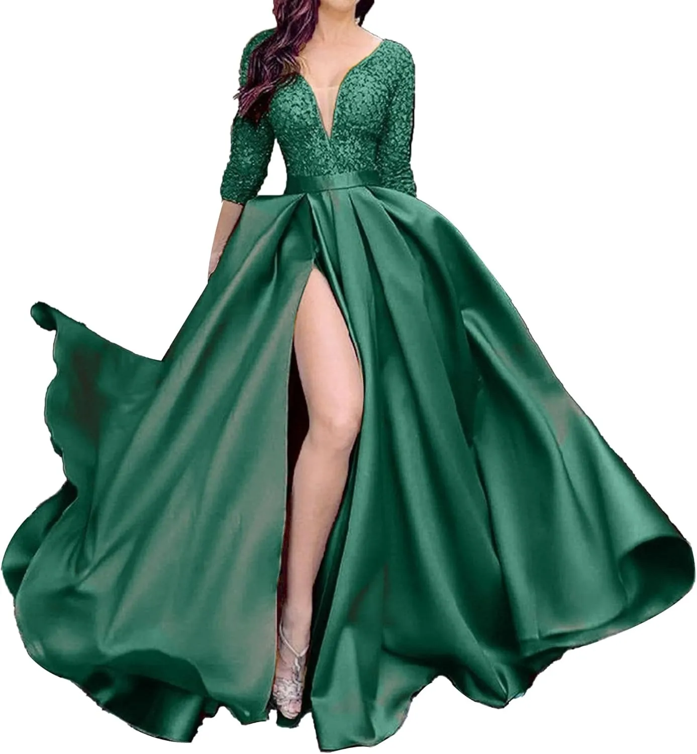 JEKE-DG Women's High Slit Slim Fit Cocktail Party Dress Deep V Neck Elegant Wedding Dress Flowy Solid Comfort Dresses