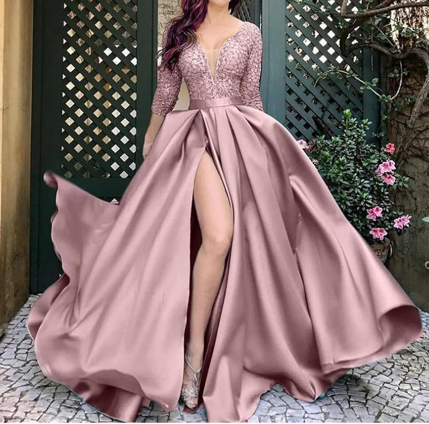 JEKE-DG Women's High Slit Slim Fit Cocktail Party Dress Deep V Neck Elegant Wedding Dress Flowy Solid Comfort Dresses