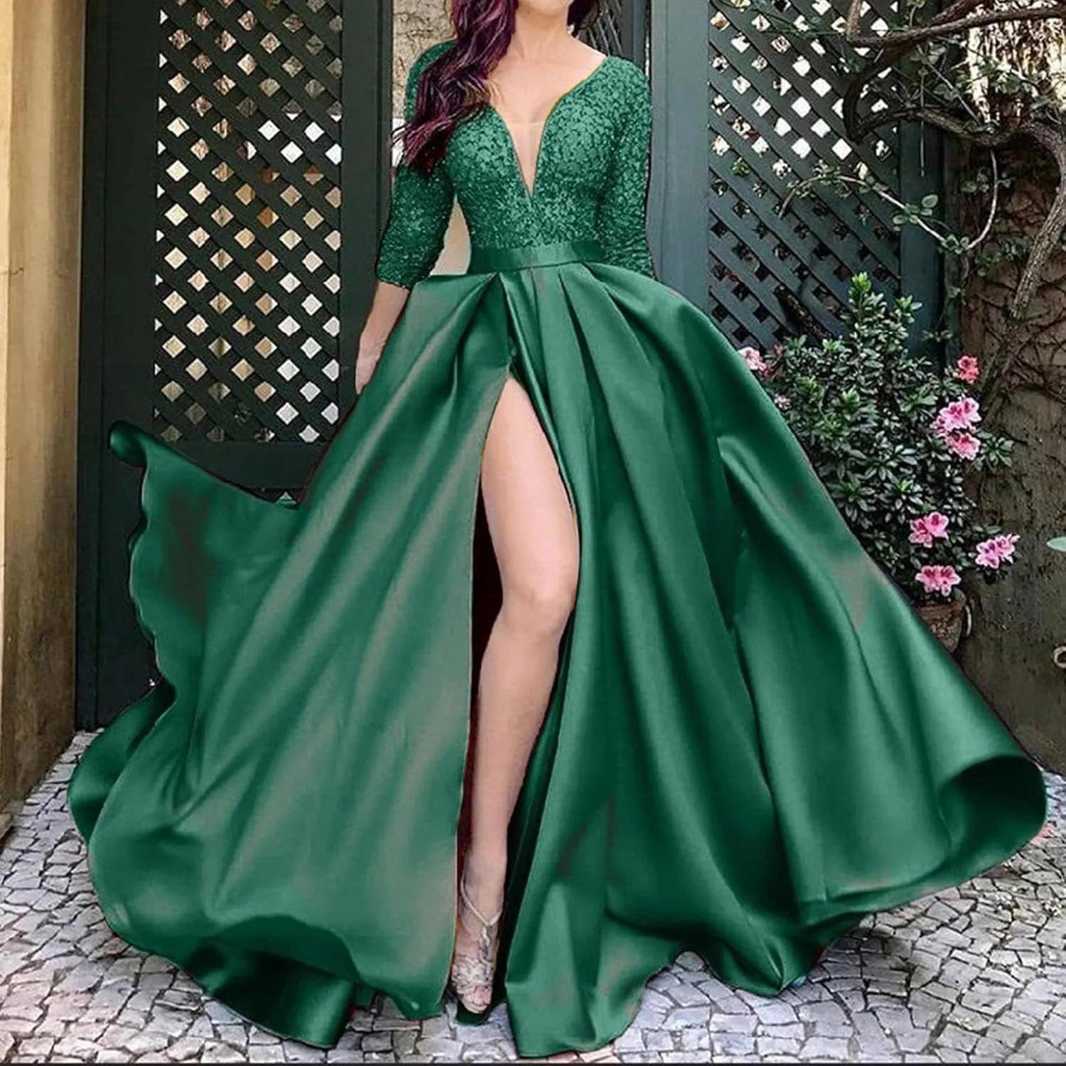 JEKE-DG Women's High Slit Slim Fit Cocktail Party Dress Deep V Neck Elegant Wedding Dress Flowy Solid Comfort Dresses