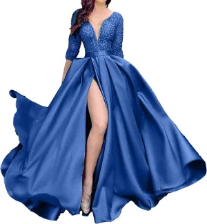 JEKE-DG Women's High Slit Slim Fit Cocktail Party Dress Deep V Neck Elegant Wedding Dress Flowy Solid Comfort Dresses
