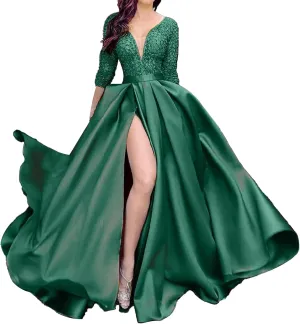 JEKE-DG Women's High Slit Slim Fit Cocktail Party Dress Deep V Neck Elegant Wedding Dress Flowy Solid Comfort Dresses