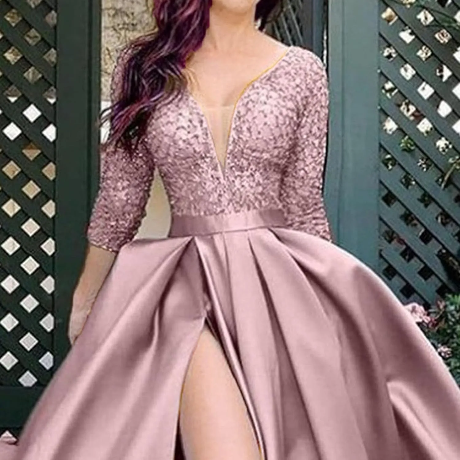 JEKE-DG Women's High Slit Slim Fit Cocktail Party Dress Deep V Neck Elegant Wedding Dress Flowy Solid Comfort Dresses