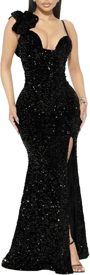 JEKE-DG Women's Sequin Sparkly Slim Fit Cocktail Party Dress Elegant High Slit Maxi Dress Backless Bodycon Dresses