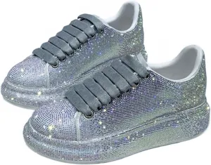 Julymens Women's Glitter Rhinestones Platform Sneakers Casual Lace-Up Sports Shoes
