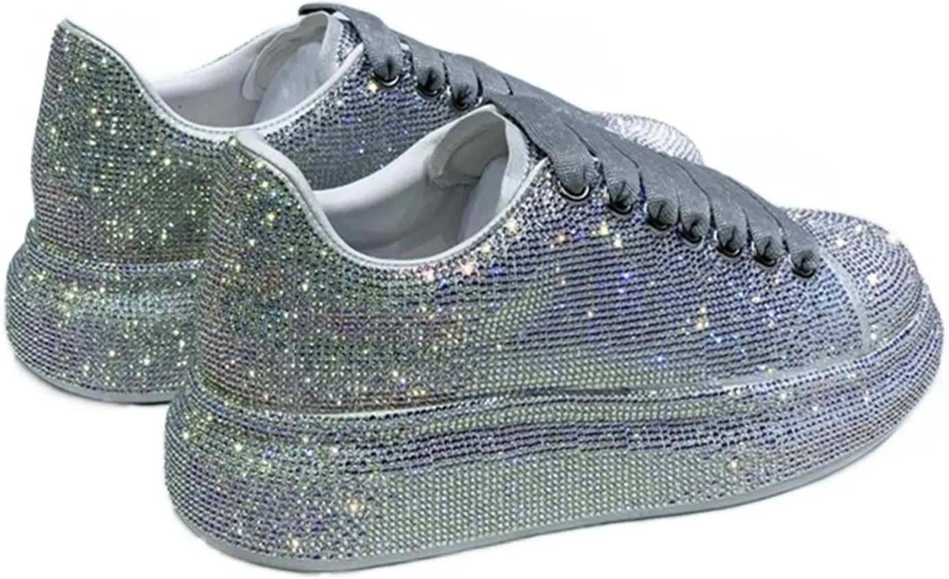 Julymens Women's Glitter Rhinestones Platform Sneakers Casual Lace-Up Sports Shoes
