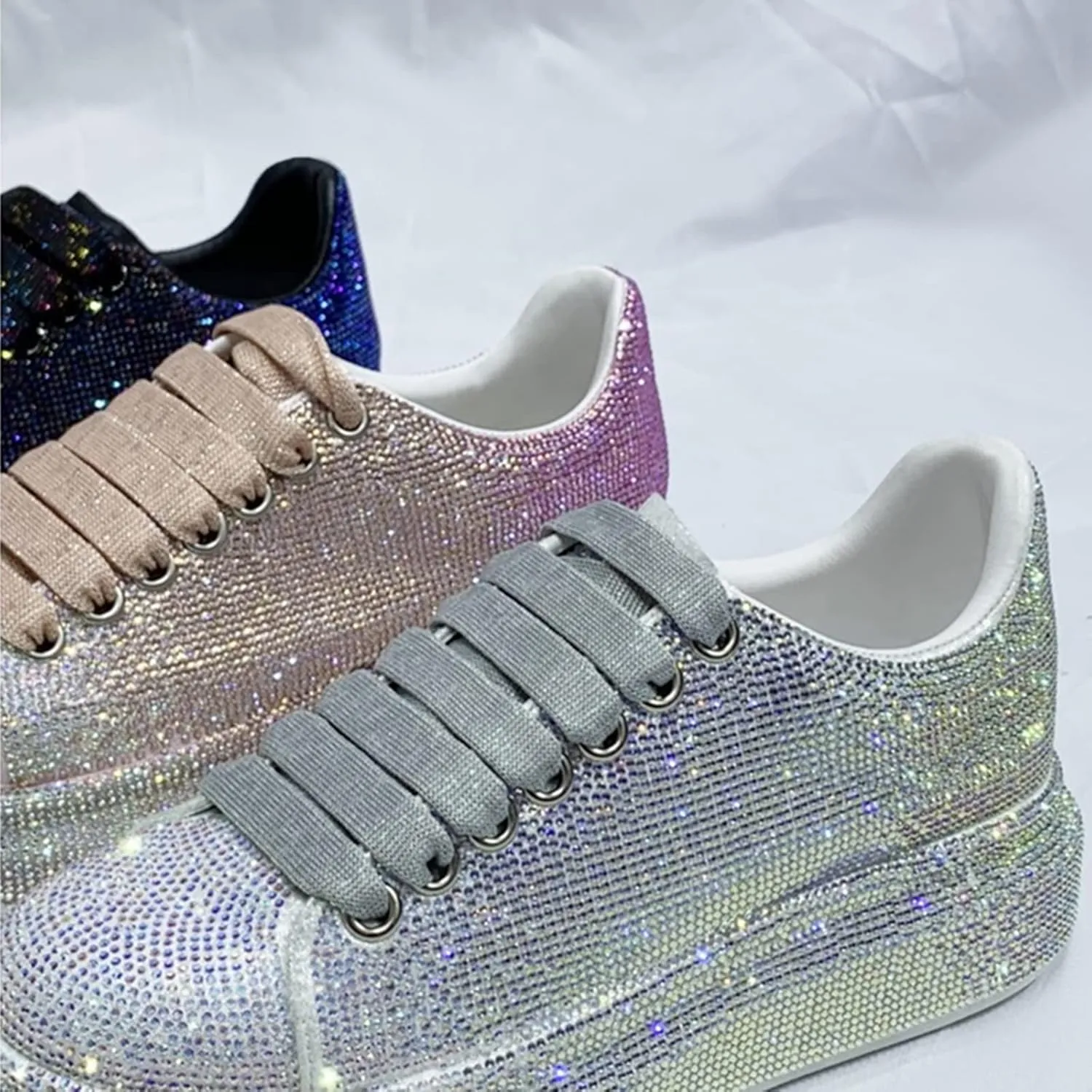 Julymens Women's Glitter Rhinestones Platform Sneakers Casual Lace-Up Sports Shoes