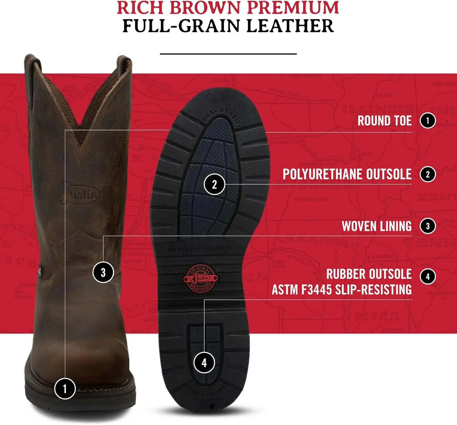 Justin Balusters 11" Steel Toe Work Boots for Men - Round Toe Full-Grain Leather Pull-On Steel Toe Boots with Slip-Resistant Outsole, EH Rated