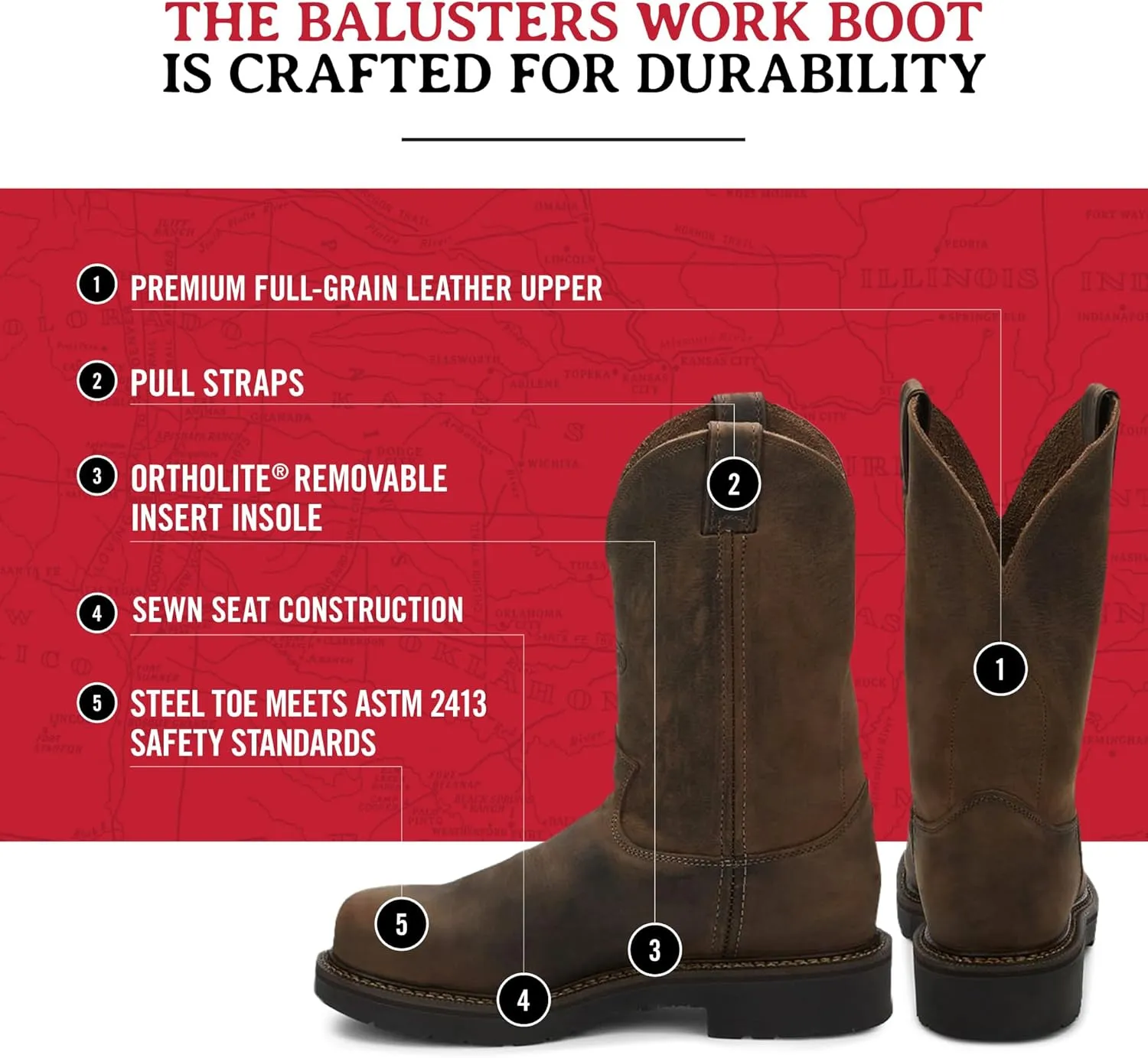 Justin Balusters 11" Steel Toe Work Boots for Men - Round Toe Full-Grain Leather Pull-On Steel Toe Boots with Slip-Resistant Outsole, EH Rated