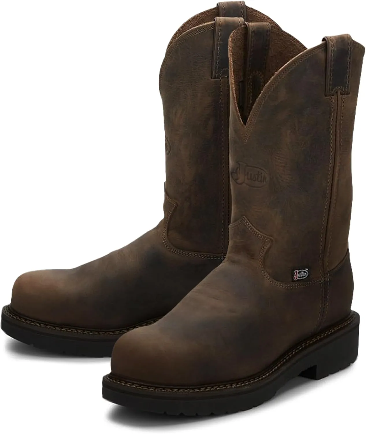 Justin Balusters 11" Steel Toe Work Boots for Men - Round Toe Full-Grain Leather Pull-On Steel Toe Boots with Slip-Resistant Outsole, EH Rated
