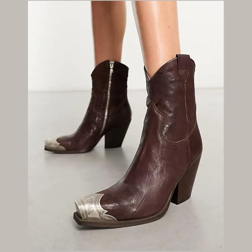 keleimusi Women's Western Cowgirl Ankle Boots Stacked Block Heel Cowboy Booties Steel Toe Heeled Short Cowboy Boots Side Zipper Western Booties for Women
