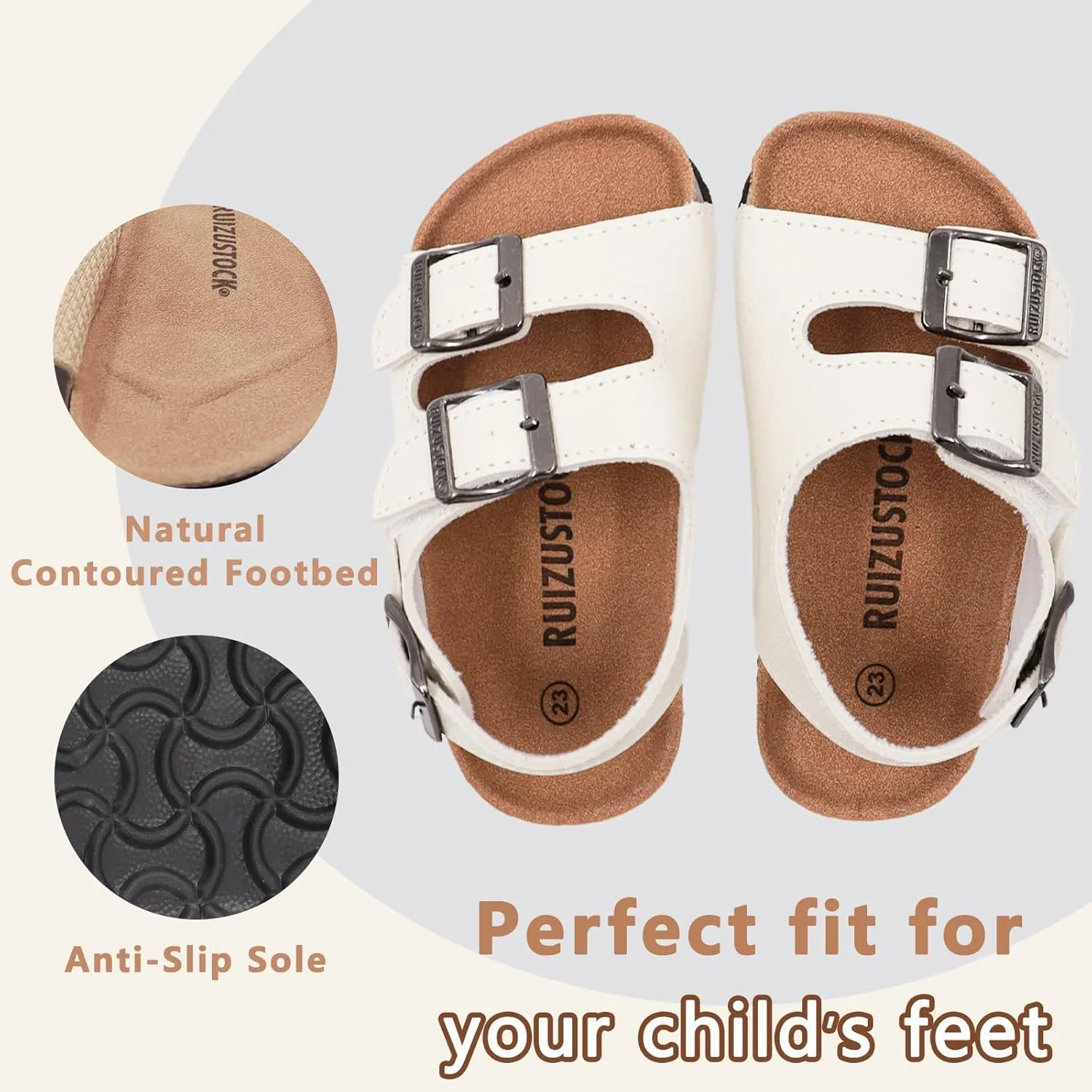 Kid Sandals Boys Girls Comfort Cork Footbed Summer Slides Sandals Toddler Adjustable Buckle Slip-On Sandal Open Toes Casual Flat for Little Kid/Big Kid