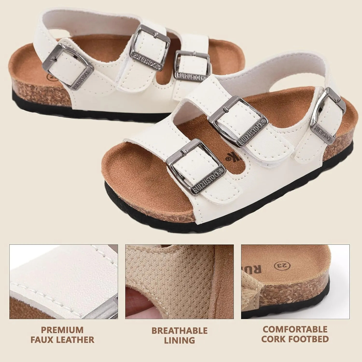 Kid Sandals Boys Girls Comfort Cork Footbed Summer Slides Sandals Toddler Adjustable Buckle Slip-On Sandal Open Toes Casual Flat for Little Kid/Big Kid