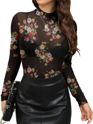 KTILG Womens Mesh Long Sleeve Top Sheer Blouse Sexy See Through Tee Shirt Lace Tops S-XXL