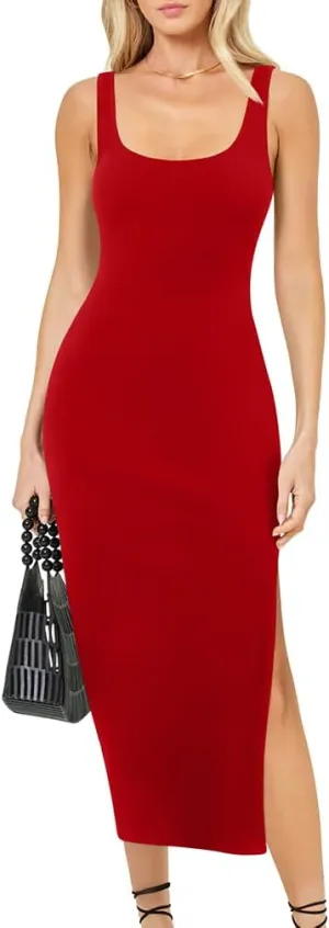 LAGSHIAN Women's Summer Bodycon Tank Dress Sexy Sleeveless Side Slit Midi Dresses