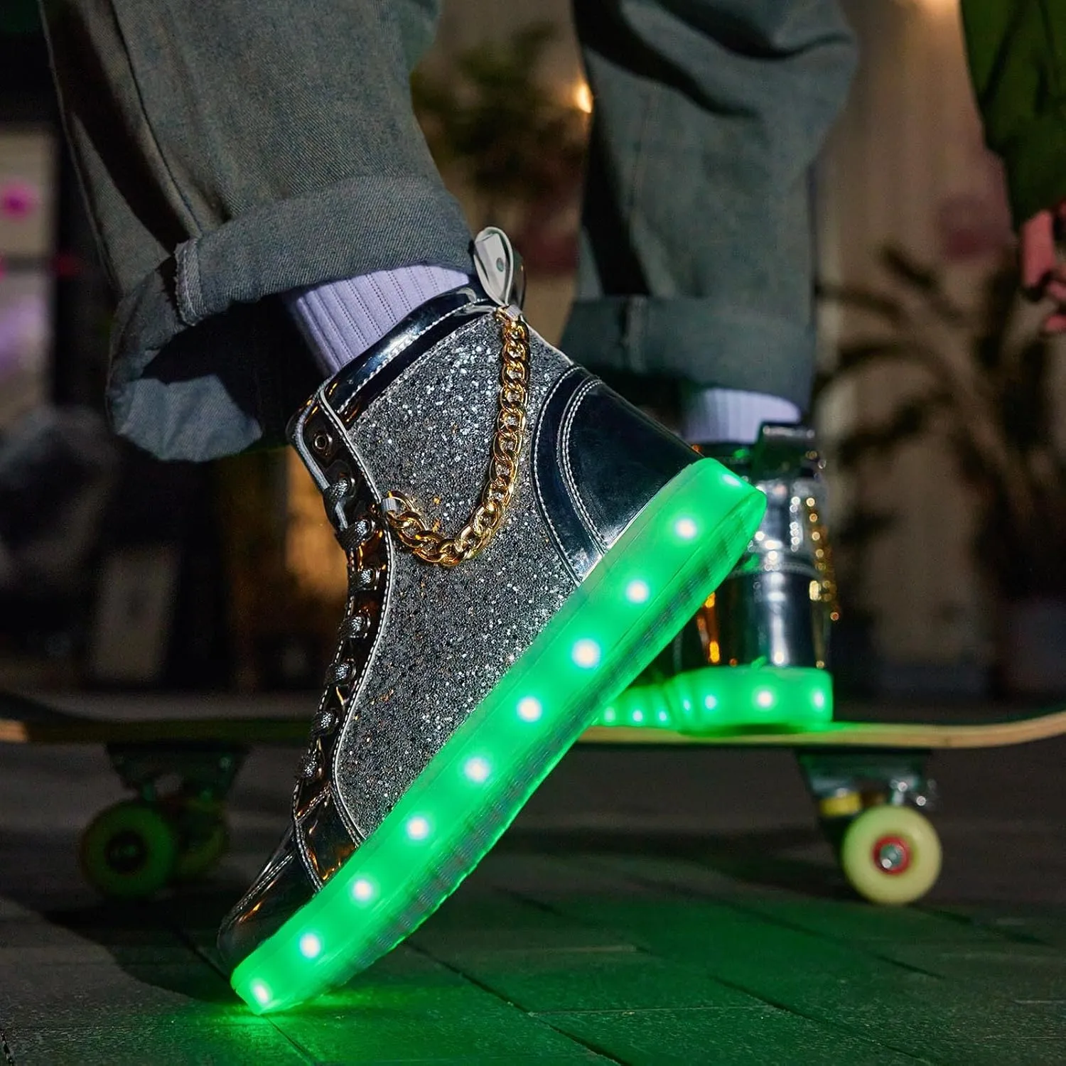 Light Up Shoes Women Men, USB Charging LED Glitter Chain Sneakers High Top Couple Dancing Shoes Halloween Glowing Flashing Luminous Trainers