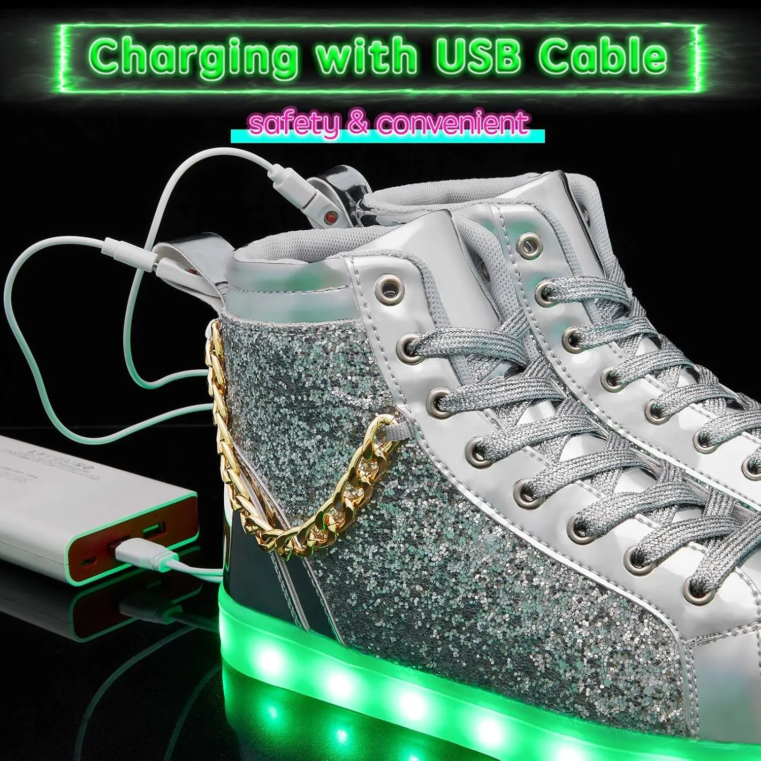 Light Up Shoes Women Men, USB Charging LED Glitter Chain Sneakers High Top Couple Dancing Shoes Halloween Glowing Flashing Luminous Trainers