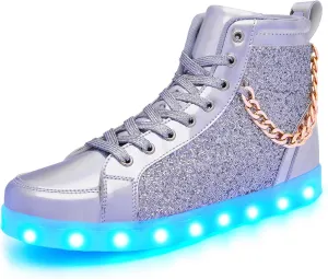 Light Up Shoes Women Men, USB Charging LED Glitter Chain Sneakers High Top Couple Dancing Shoes Halloween Glowing Flashing Luminous Trainers