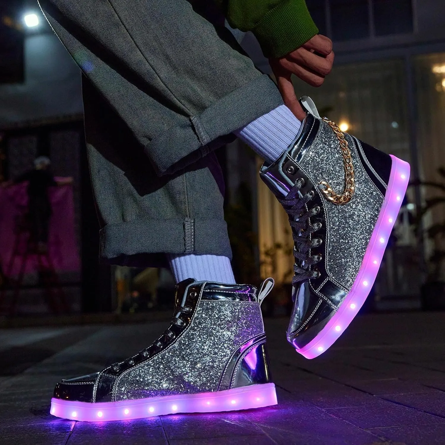 Light Up Shoes Women Men, USB Charging LED Glitter Chain Sneakers High Top Couple Dancing Shoes Halloween Glowing Flashing Luminous Trainers