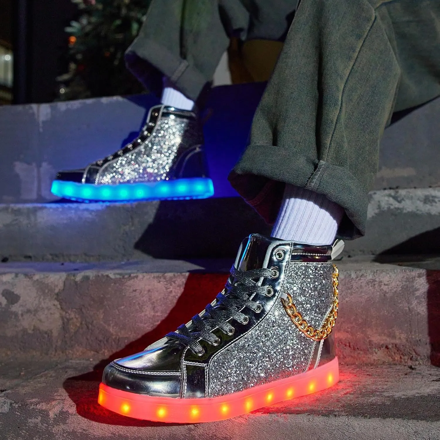 Light Up Shoes Women Men, USB Charging LED Glitter Chain Sneakers High Top Couple Dancing Shoes Halloween Glowing Flashing Luminous Trainers