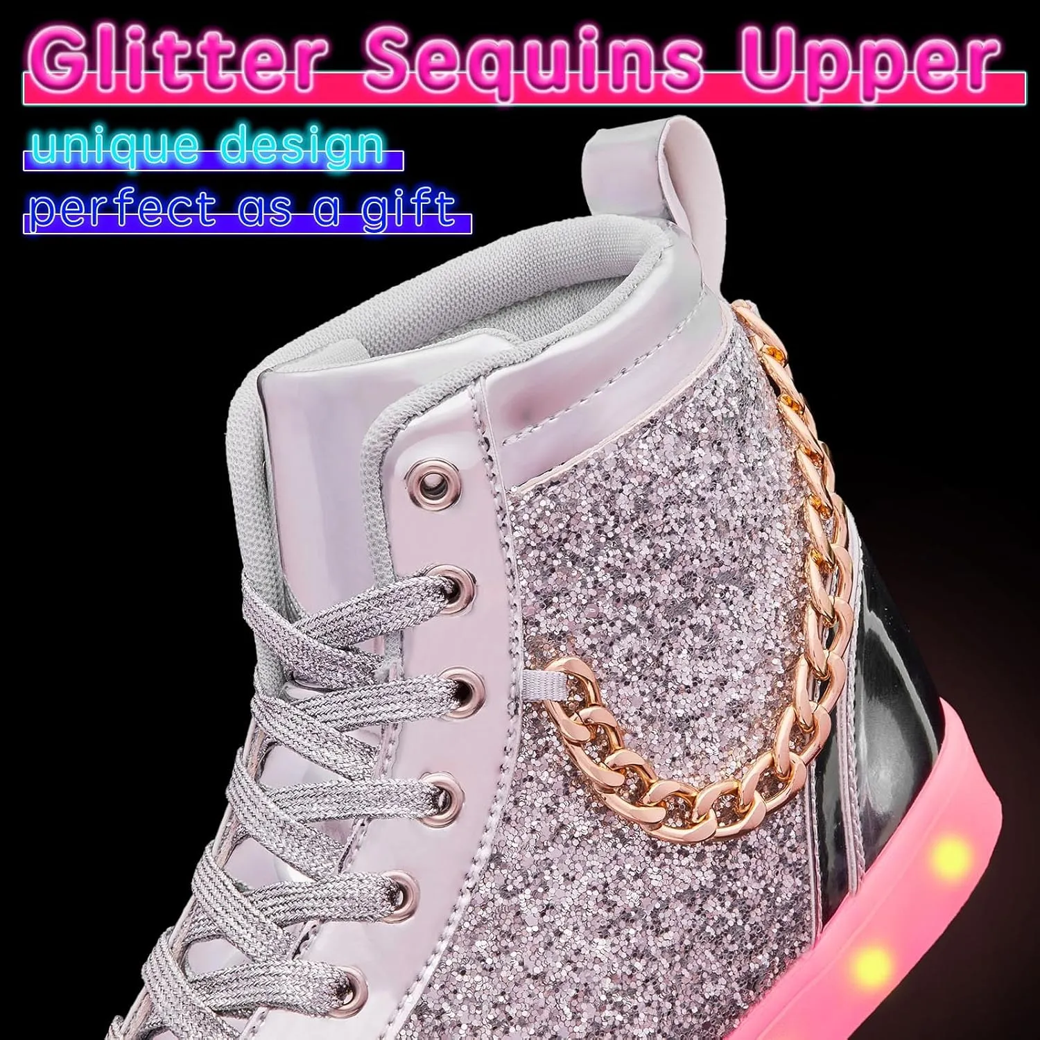 Light Up Shoes Women Men, USB Charging LED Glitter Chain Sneakers High Top Couple Dancing Shoes Halloween Glowing Flashing Luminous Trainers