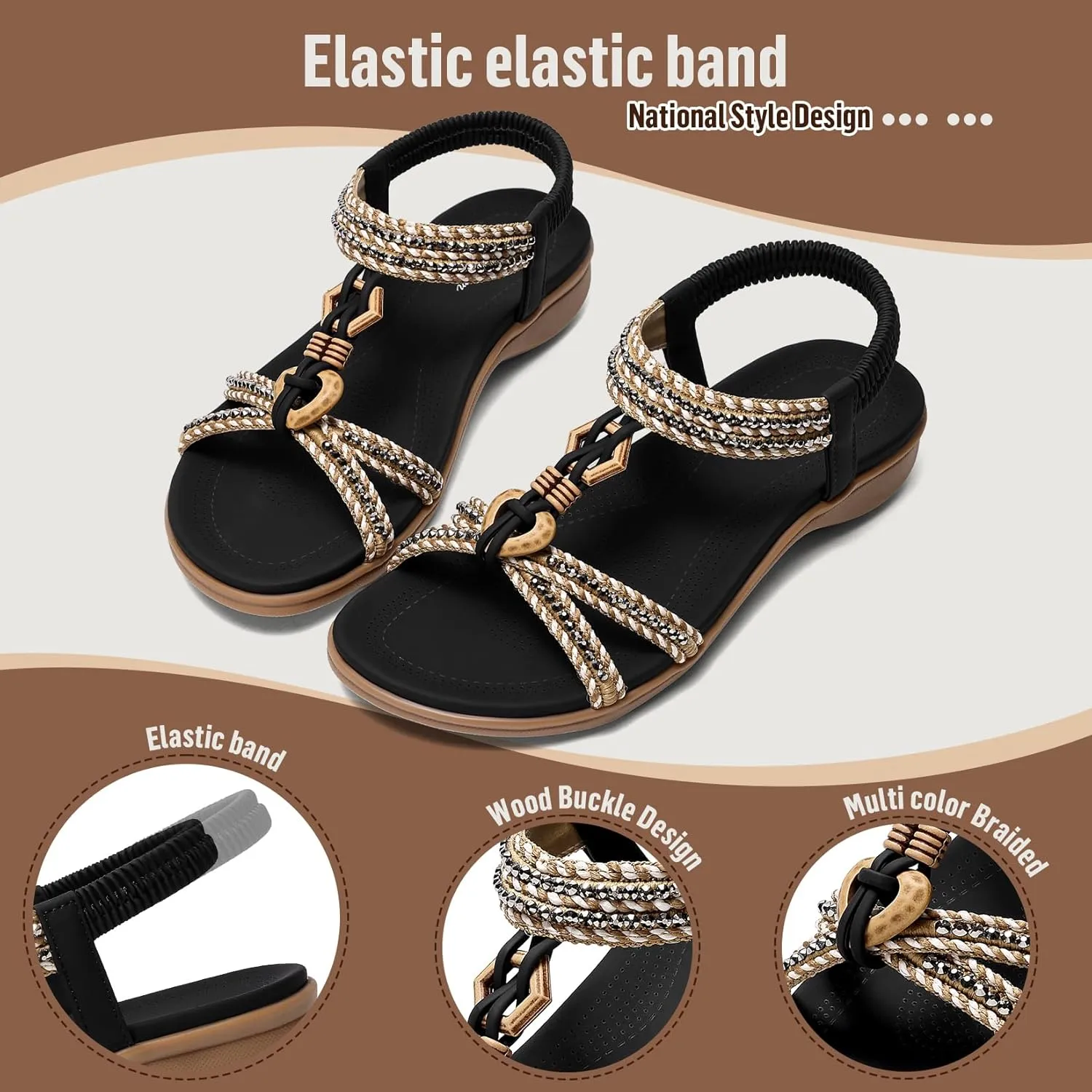 Littleplum Womens Sandals Arch Support Summer Flat Slides Ankle Elastic Walking Shoes Braided Beach Dressy Sandals for Women