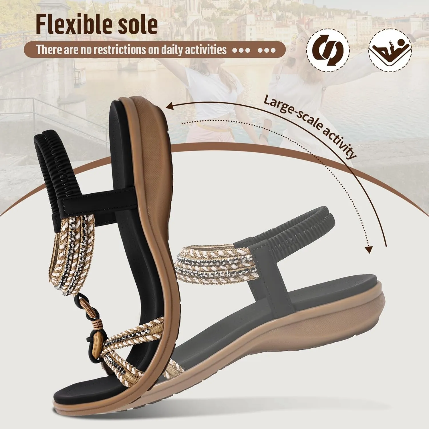 Littleplum Womens Sandals Arch Support Summer Flat Slides Ankle Elastic Walking Shoes Braided Beach Dressy Sandals for Women