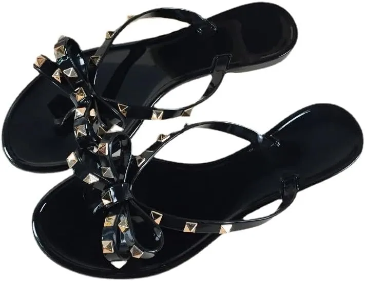 Loizziuy Women's Jelly Diamond Sandals PVC Flat Shoes Summer Slides Fashion Bow Summer Slides Fashion Bow