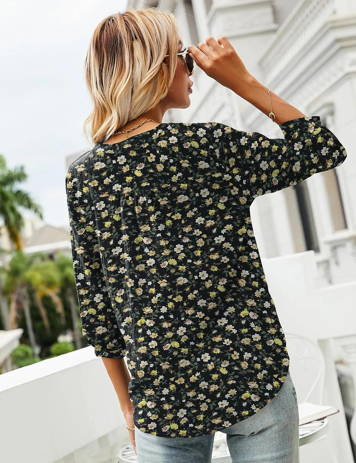 LOMON Women's Casual 3/4 Sleeve Henley V-Neck Button Up Pleated Back Blouses Swiss Dot Blouse Tops T-Shirts S-XXL
