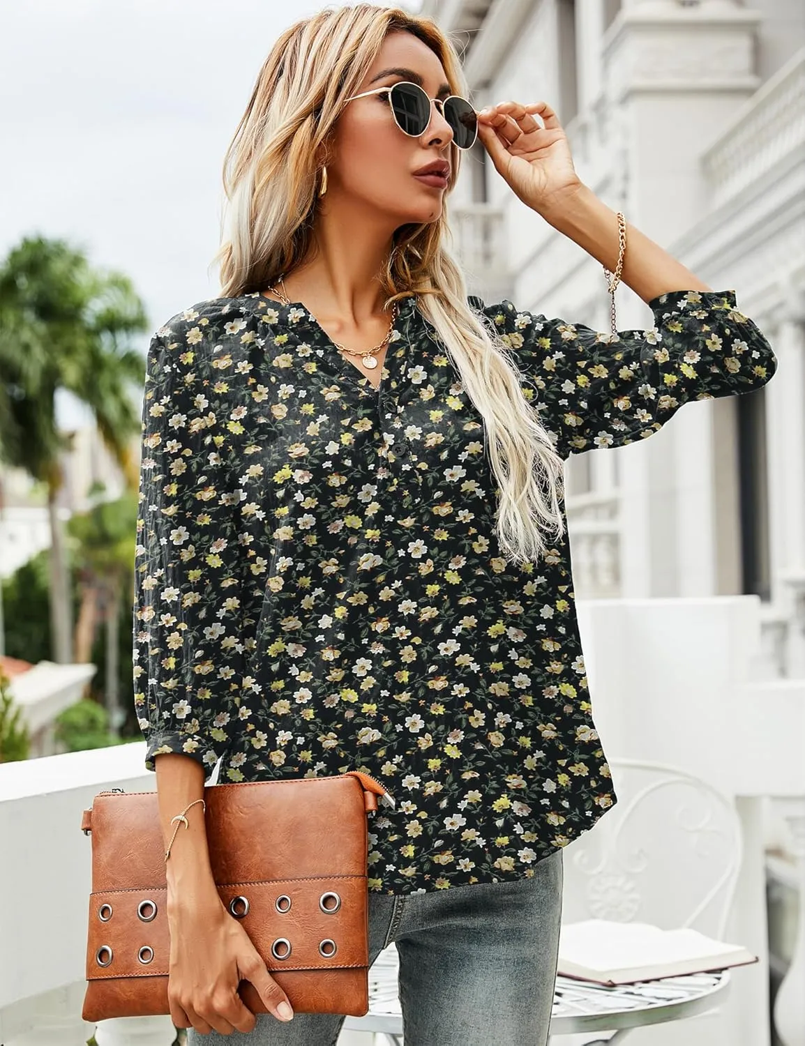 LOMON Women's Casual 3/4 Sleeve Henley V-Neck Button Up Pleated Back Blouses Swiss Dot Blouse Tops T-Shirts S-XXL
