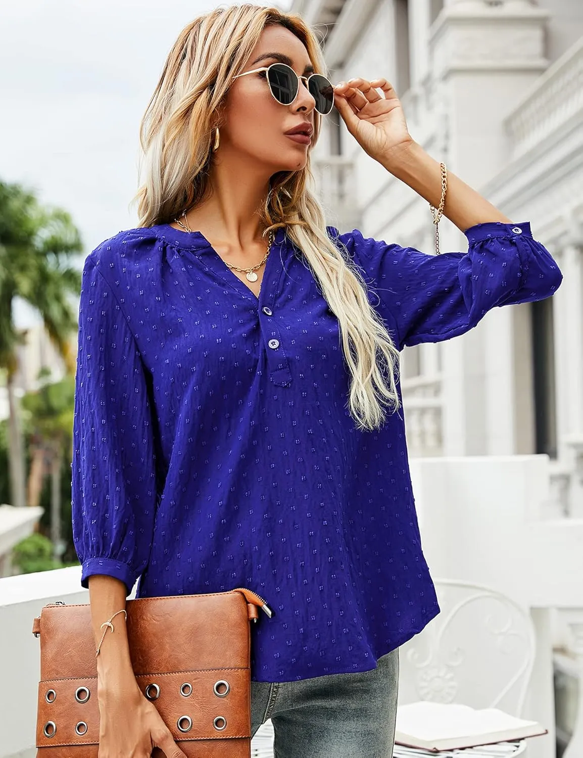 LOMON Women's Casual 3/4 Sleeve Henley V-Neck Button Up Pleated Back Blouses Swiss Dot Blouse Tops T-Shirts S-XXL