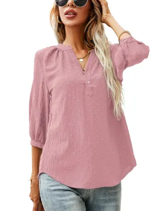LOMON Women's Casual 3/4 Sleeve Henley V-Neck Button Up Pleated Back Blouses Swiss Dot Blouse Tops T-Shirts S-XXL