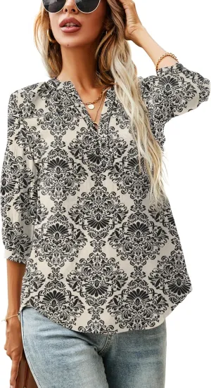 LOMON Women's Casual 3/4 Sleeve Henley V-Neck Button Up Pleated Back Blouses Swiss Dot Blouse Tops T-Shirts S-XXL