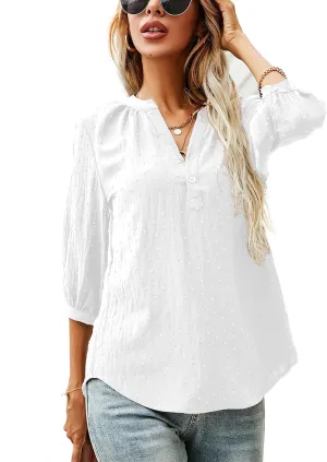 LOMON Women's Casual 3/4 Sleeve Henley V-Neck Button Up Pleated Back Blouses Swiss Dot Blouse Tops T-Shirts S-XXL