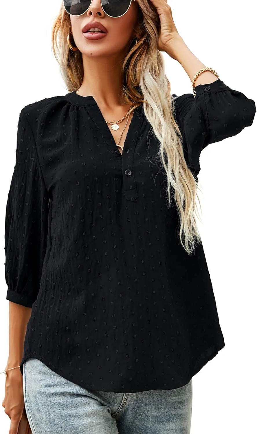 LOMON Women's Casual 3/4 Sleeve Henley V-Neck Button Up Pleated Back Blouses Swiss Dot Blouse Tops T-Shirts S-XXL