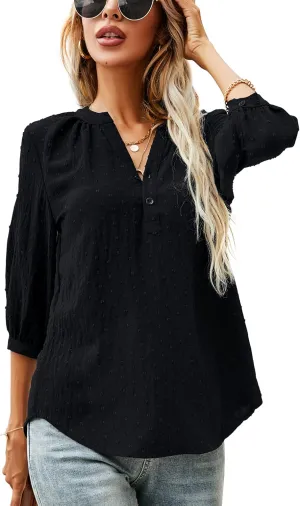 LOMON Women's Casual 3/4 Sleeve Henley V-Neck Button Up Pleated Back Blouses Swiss Dot Blouse Tops T-Shirts S-XXL