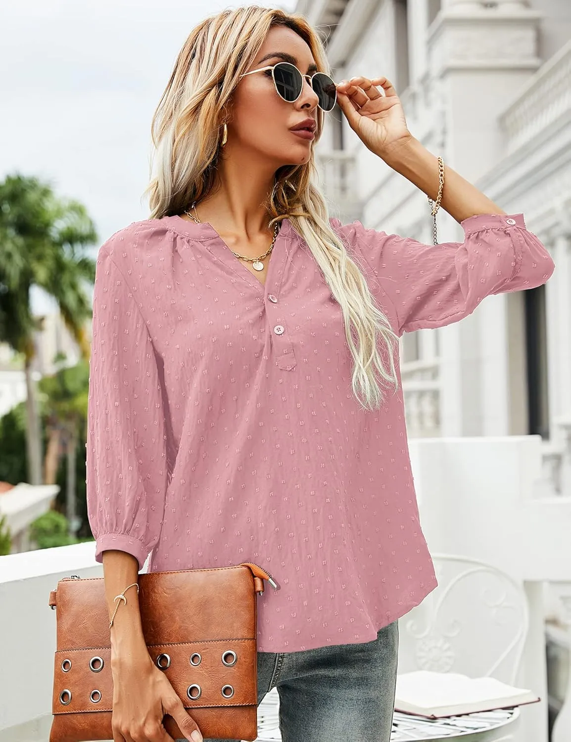 LOMON Women's Casual 3/4 Sleeve Henley V-Neck Button Up Pleated Back Blouses Swiss Dot Blouse Tops T-Shirts S-XXL
