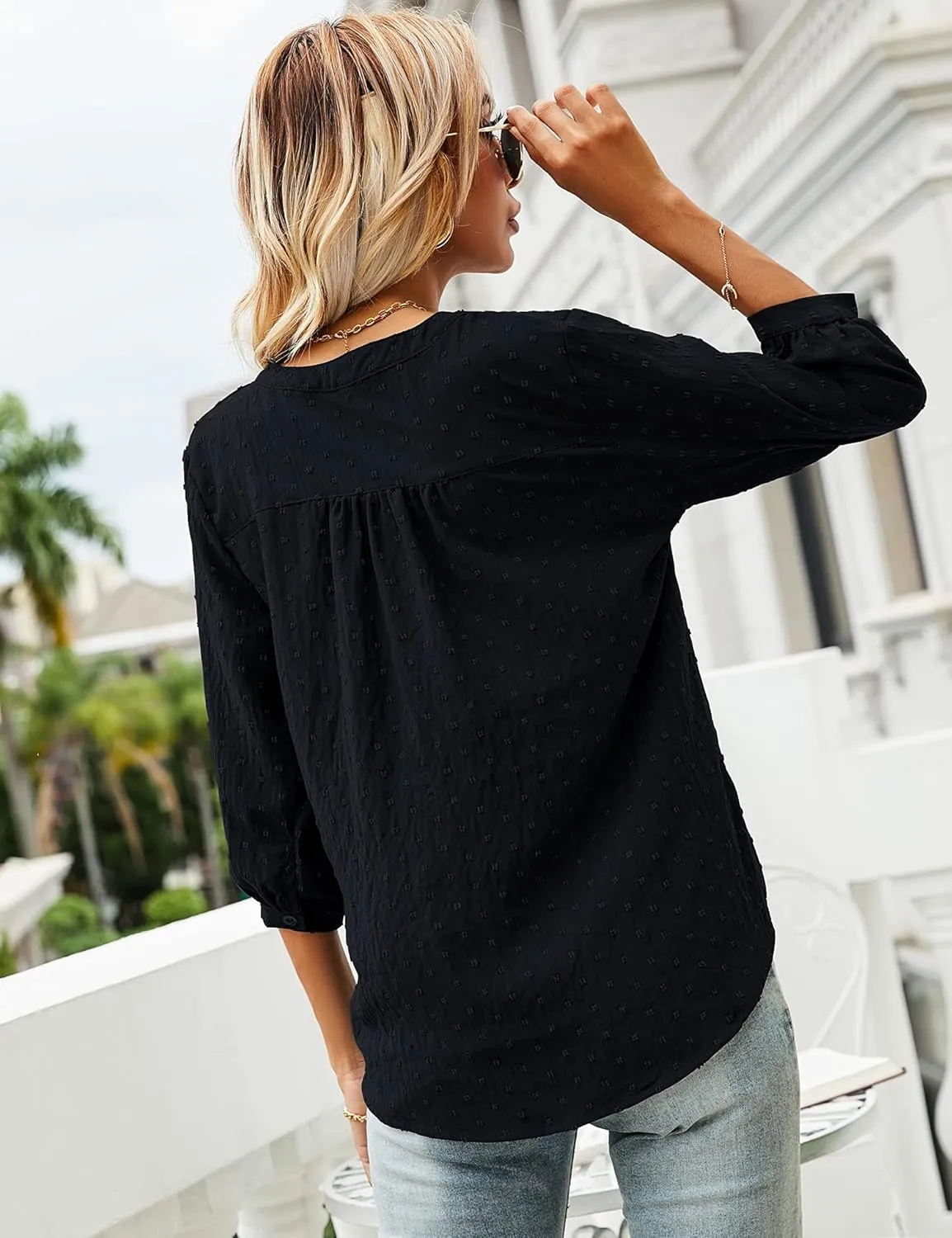 LOMON Women's Casual 3/4 Sleeve Henley V-Neck Button Up Pleated Back Blouses Swiss Dot Blouse Tops T-Shirts S-XXL