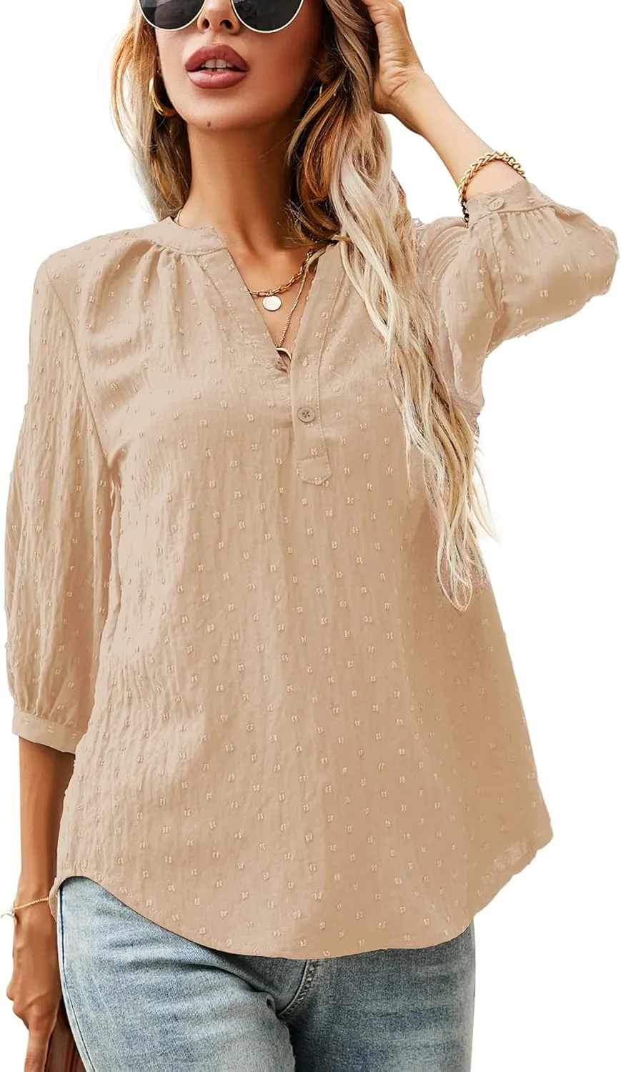 LOMON Women's Casual 3/4 Sleeve Henley V-Neck Button Up Pleated Back Blouses Swiss Dot Blouse Tops T-Shirts S-XXL