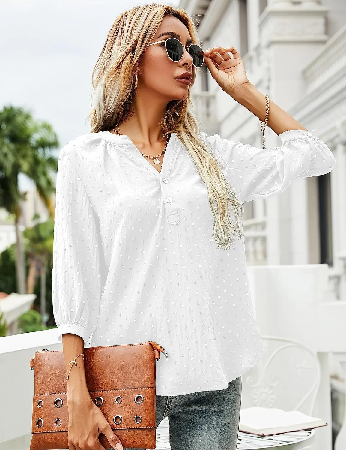 LOMON Women's Casual 3/4 Sleeve Henley V-Neck Button Up Pleated Back Blouses Swiss Dot Blouse Tops T-Shirts S-XXL