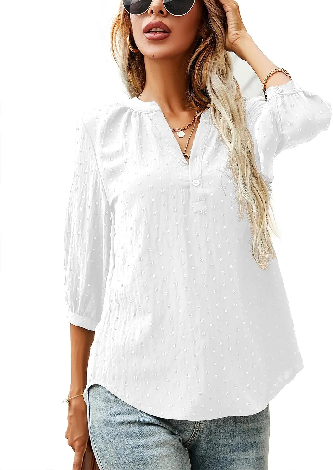 LOMON Women's Casual 3/4 Sleeve Henley V-Neck Button Up Pleated Back Blouses Swiss Dot Blouse Tops T-Shirts S-XXL
