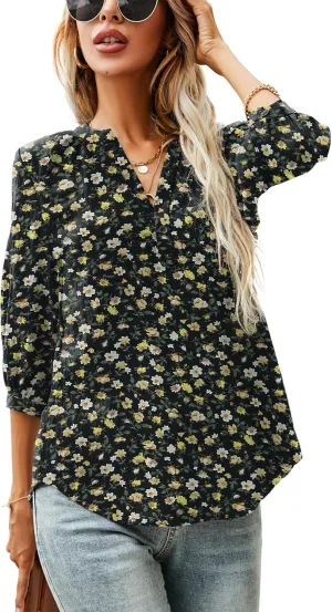 LOMON Women's Casual 3/4 Sleeve Henley V-Neck Button Up Pleated Back Blouses Swiss Dot Blouse Tops T-Shirts S-XXL