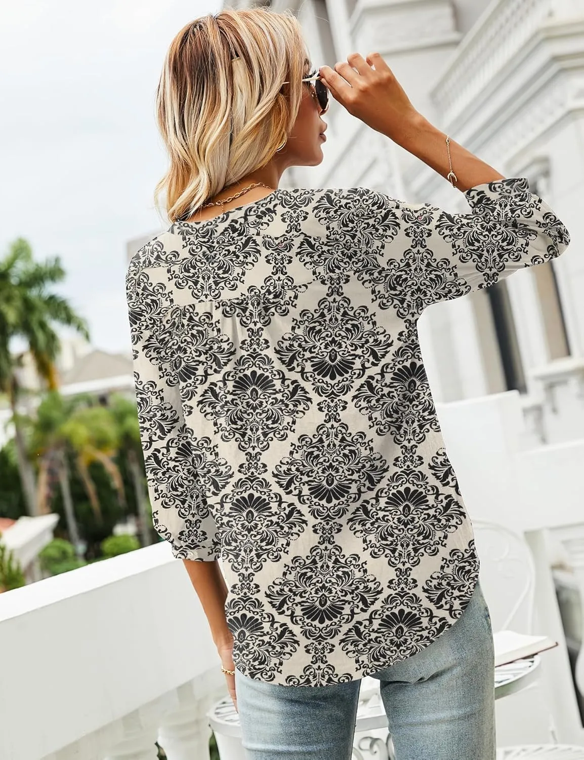 LOMON Women's Casual 3/4 Sleeve Henley V-Neck Button Up Pleated Back Blouses Swiss Dot Blouse Tops T-Shirts S-XXL