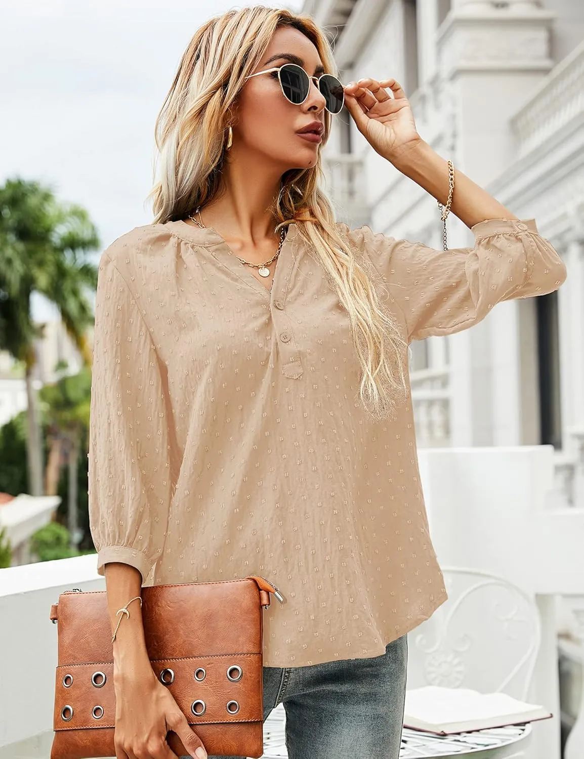 LOMON Women's Casual 3/4 Sleeve Henley V-Neck Button Up Pleated Back Blouses Swiss Dot Blouse Tops T-Shirts S-XXL